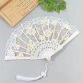 Handmade New Chinese style folding fan with plastic rose lace, 42.5cm x 23cm, shown in red, white and sky blue.