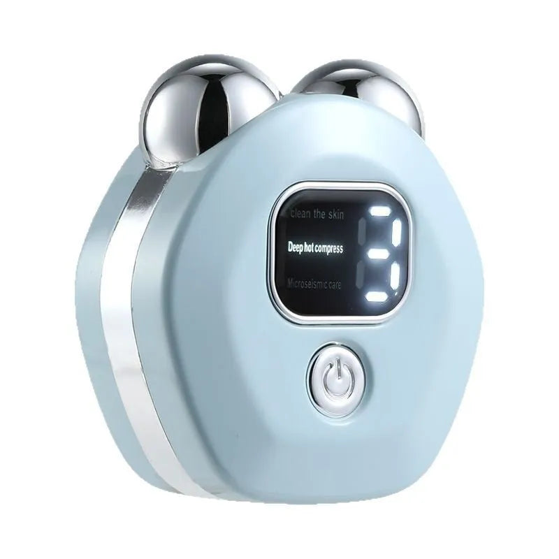 Portable white facial massage instrument with double-roller head and charging cable.