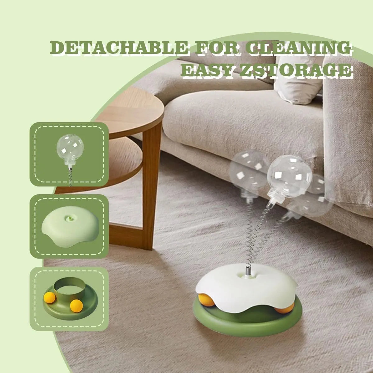 Blue and green cat treat dispenser toy with track ball for slow feeding entertainment