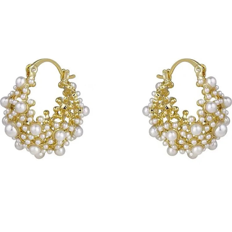 Women's gold flower basket earrings with pearl inlay on small rice-shaped beads