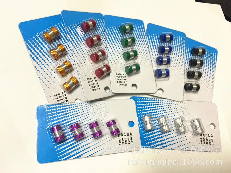 Set of four aluminium alloy tyre valve dust caps in seven colour options with O-ring seals