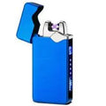 Rechargeable LED double arc lighter in zinc alloy with PVD ice plating, shown in black, blue, and gold.