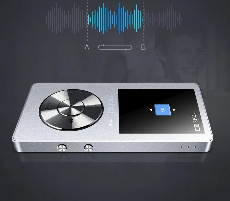 Compact gold metal MP3 player with a 1.8-inch screen showing a music menu.