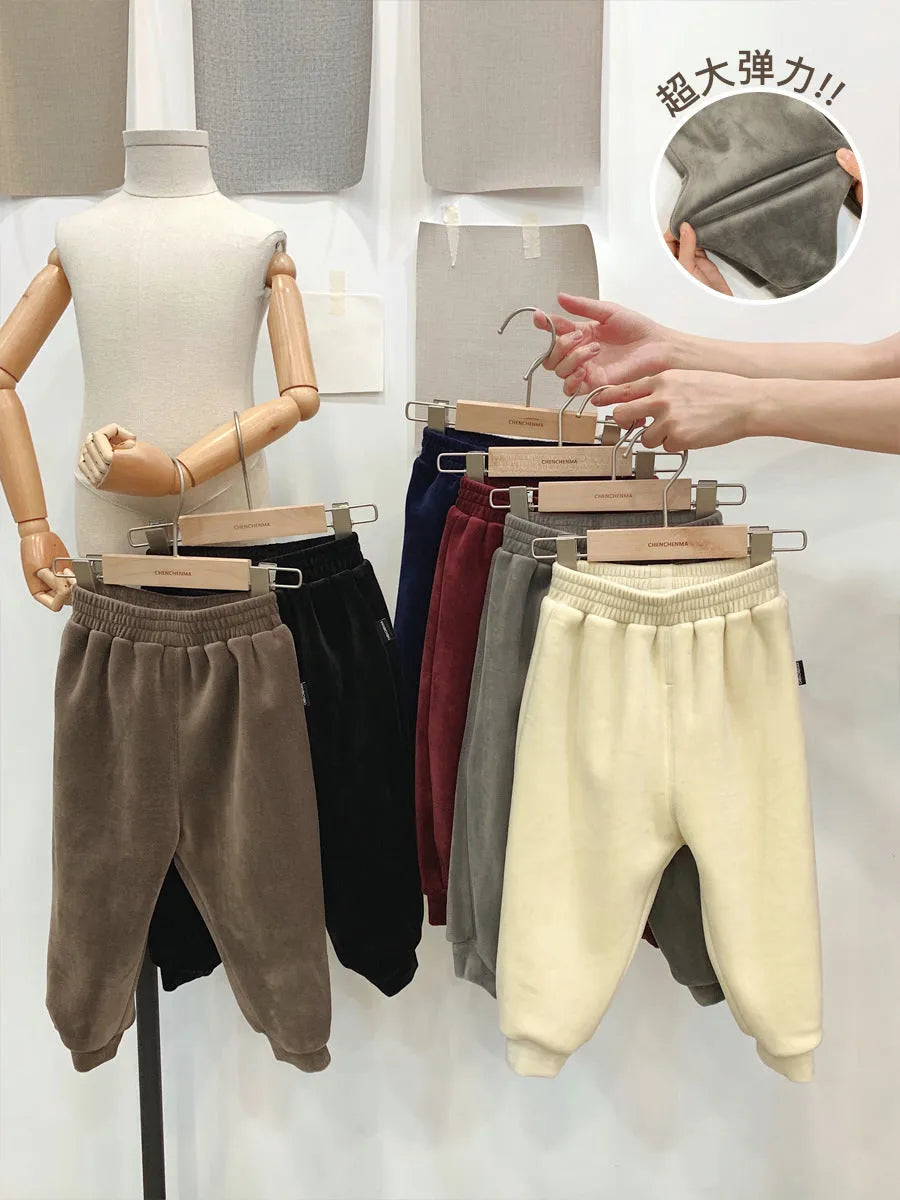 Boys velvet elastic waist casual trousers in plain colour, five size options shown