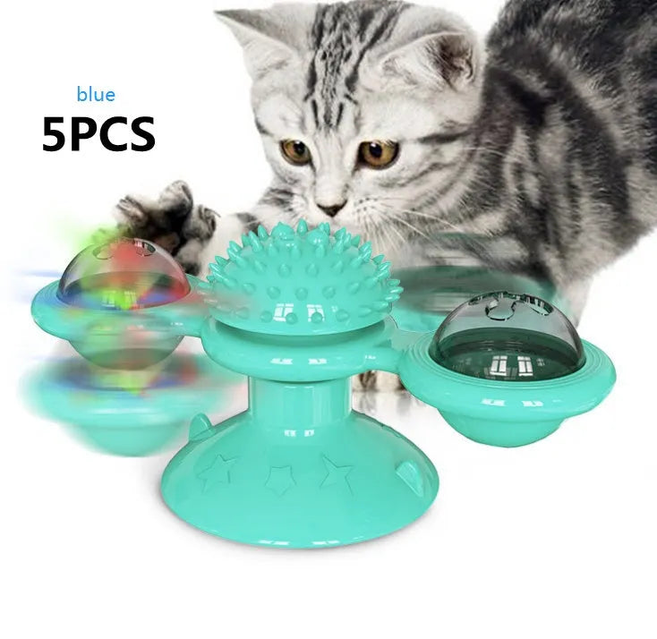 Cat rotating windmill multi-function toy with suction base and luminous ball in blue turntable colour