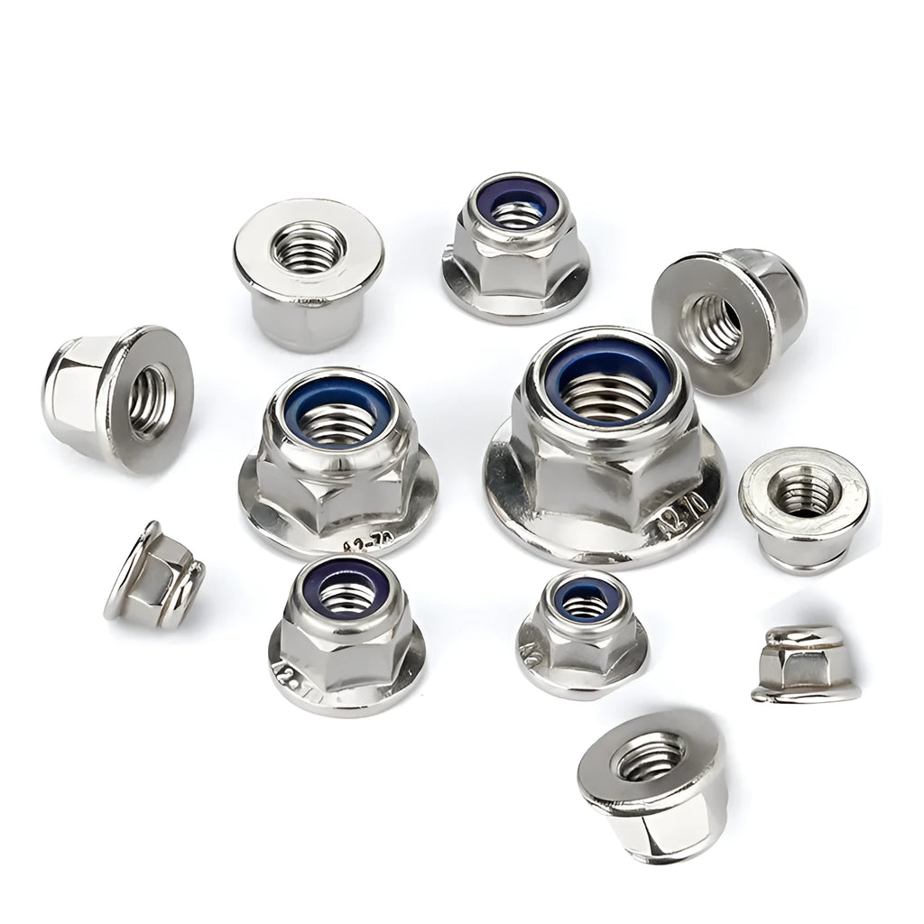 Stainless steel flange nylon lock nut with hexagonal head on white background