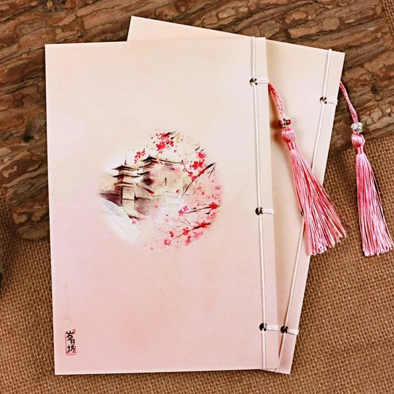 Retro Chinese style line-bound notebook with watercolour Azalea cover showing flat-open binding