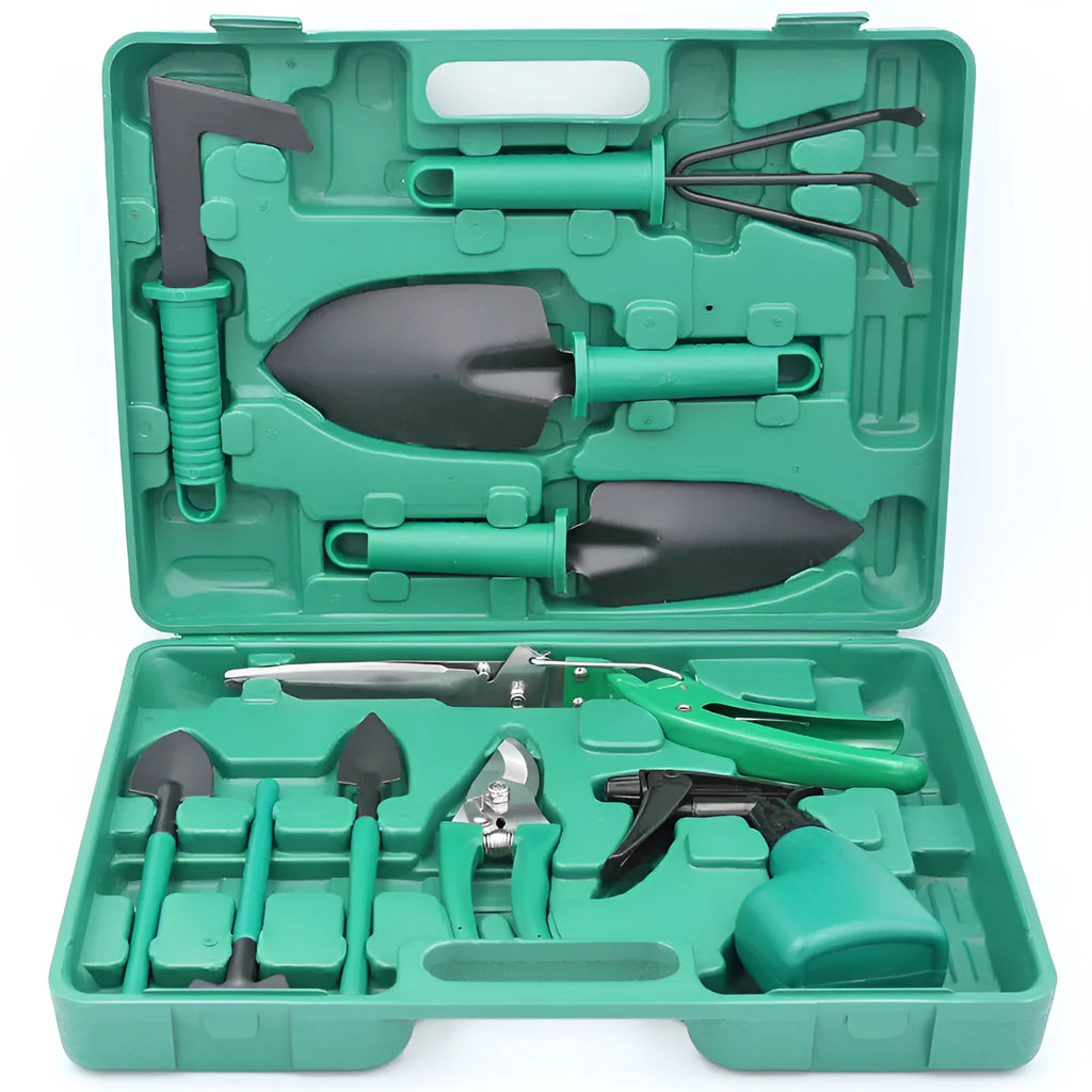 Ten-piece gardening tool set with iron heads and plastic handles in green and purple colour options