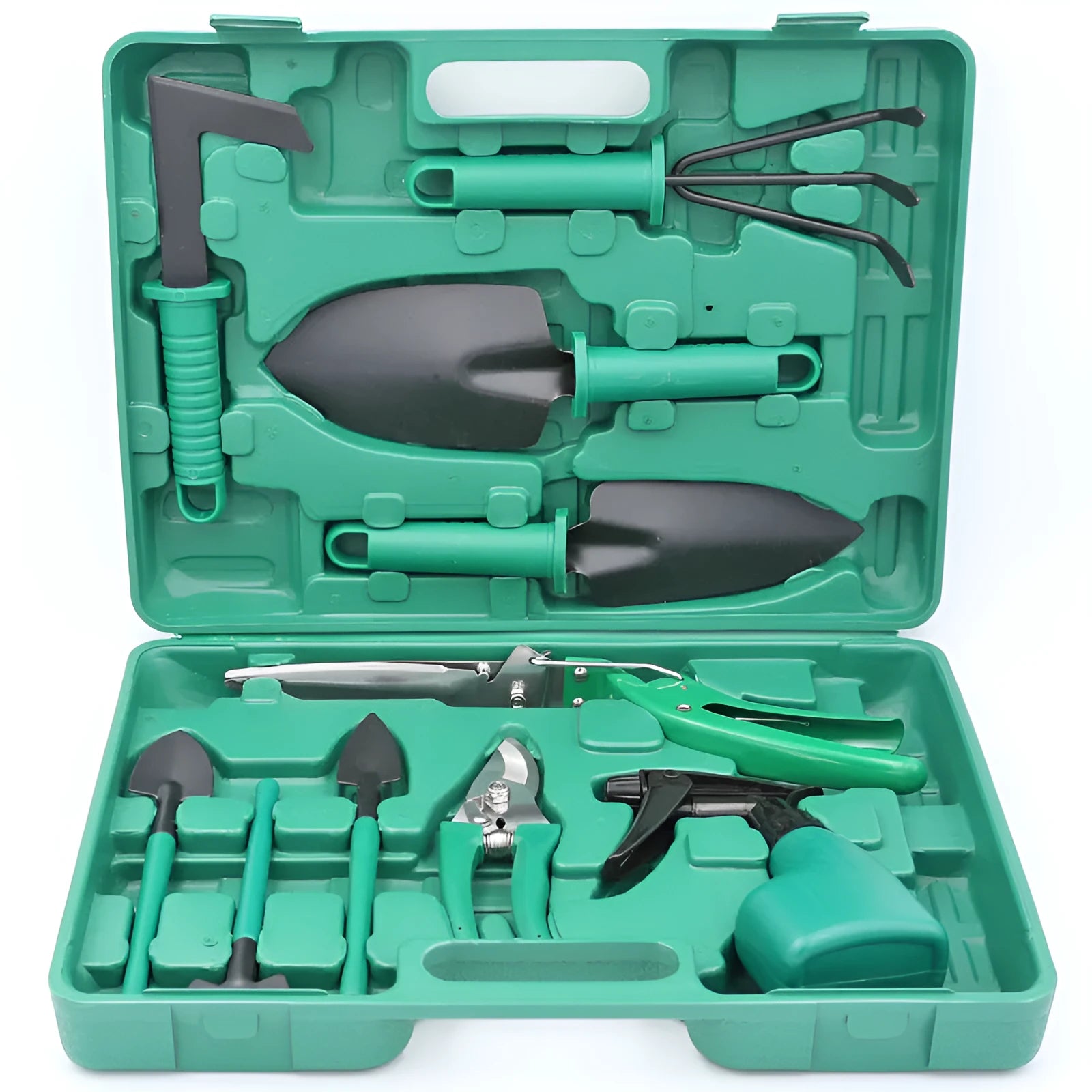 Ten-piece gardening tool set with iron heads and plastic handles in green and purple colour options