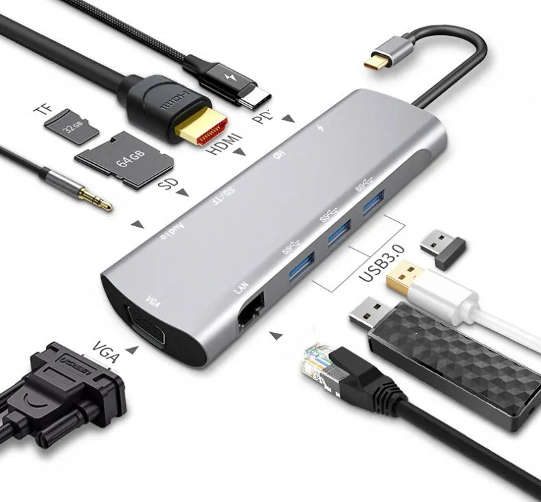 Grey aluminium alloy USB-C docking station with HDMI, VGA, USB ports, and a card reader.