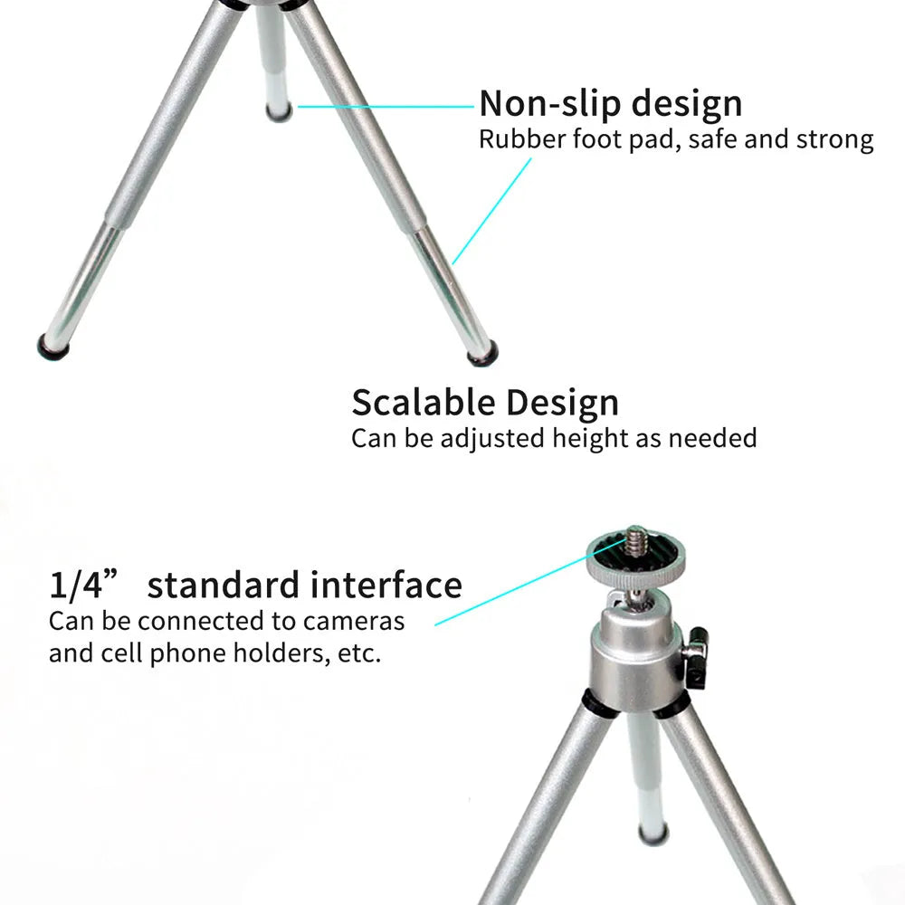 Black mini desktop camera tripod with extended legs and a U-shaped phone clip attached, on a white background.