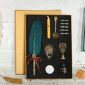 European retro gold feather pen set with ink bottle and spoon on white background, five colour options