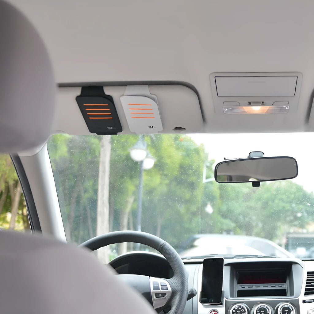 Four rigid car sun visor panels and a vehicle-mounted storage bag laid out flat.