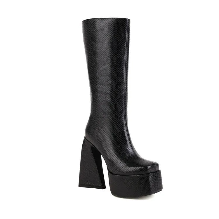 Women's casual high boots in black, red, blue and white colours with PU upper, European sizes 34-43