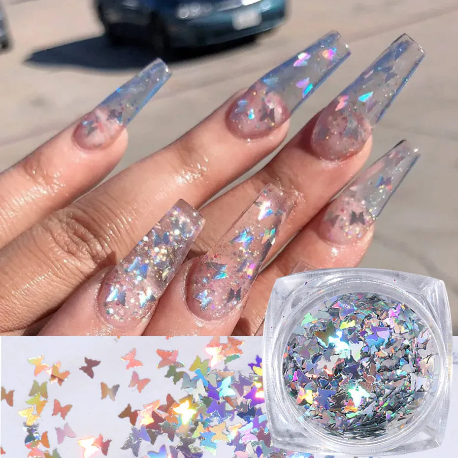 Butterfly sequin nail decoration in a 12 grid case with mixed colour glitter for natural or artificial nails
