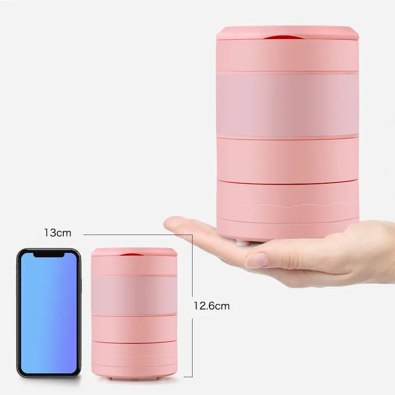 Blue portable blender with USB charging cable, shown folded and extended next to fruits.