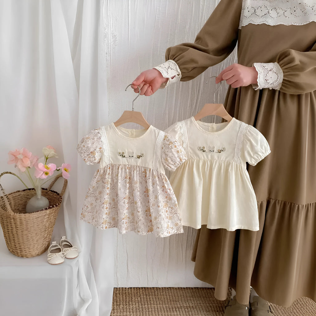 Girls' cotton lace summer dress with short sleeves and princess skirt in light apricot