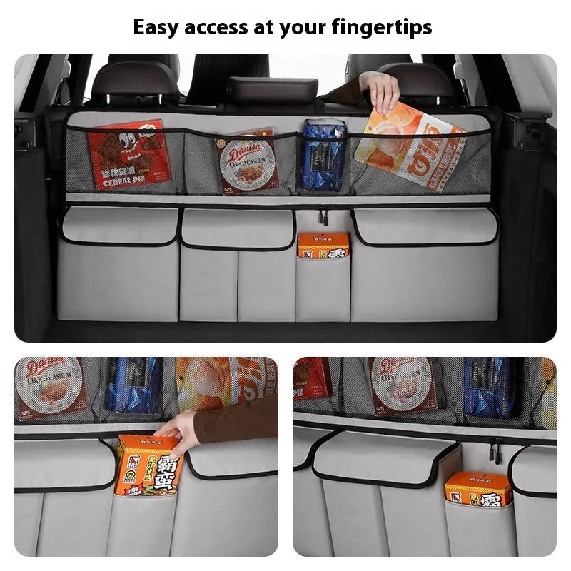 Large capacity car storage box in Oxford cloth with mesh pockets, hanging design, 105x51x9cm, black colour