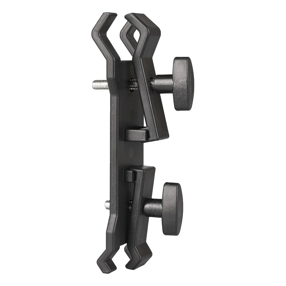 Black ABS plastic umbrella clip for attaching a brolly to a camera tripod.