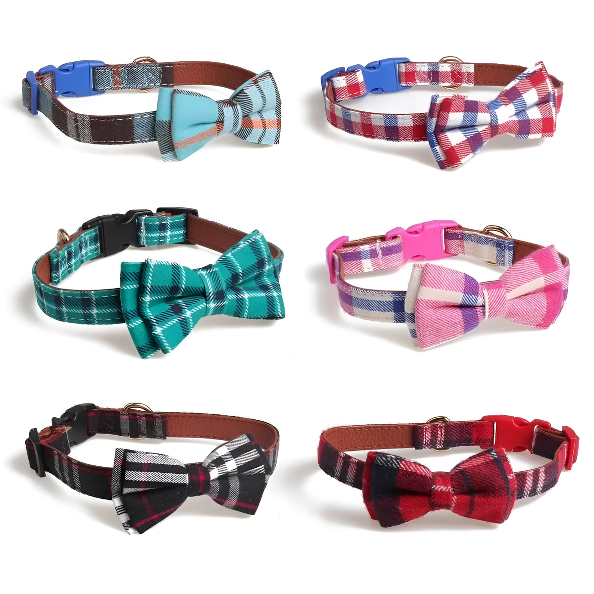 Adjustable bowknot traction dog collar in cotton and PU leather with lattice pattern on white background