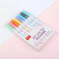 Set of highlighter pens with various colours, showcasing a plastic nib and 1mm-2mm line width on paper.