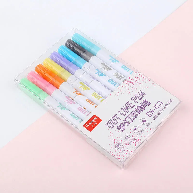 Set of highlighter pens with various colours, showcasing a plastic nib and 1mm-2mm line width on paper.