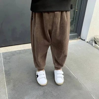 Boys velvet elastic waist casual trousers in plain colour, five size options shown
