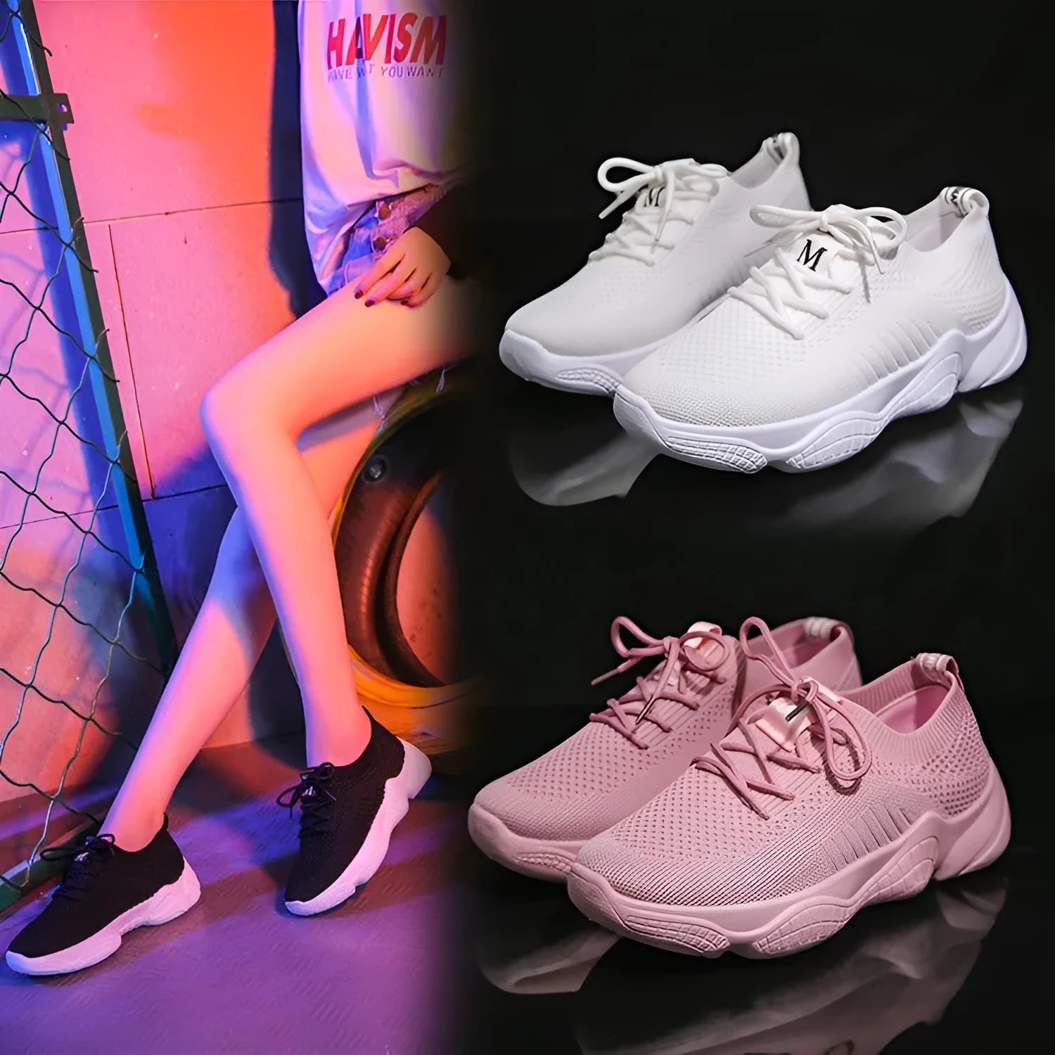 White thick-soled women's casual shoes with woven upper and front strap.