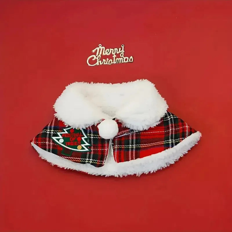 Red festive pet scarf with bell print draped on a dog's neck for winter and Christmas.