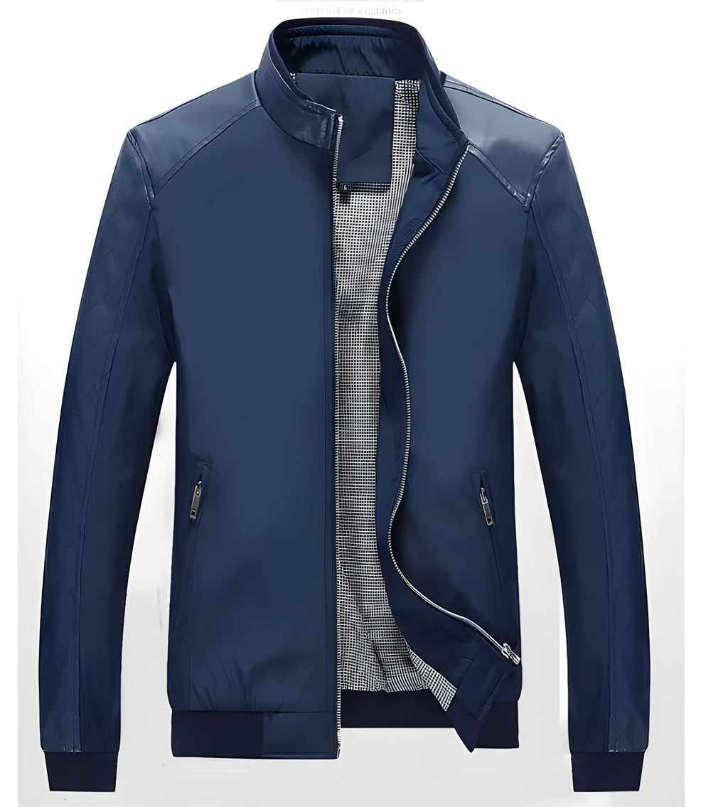 PU patchwork jacket in black, blue and wine red colour block design, sizes L to 5XL.