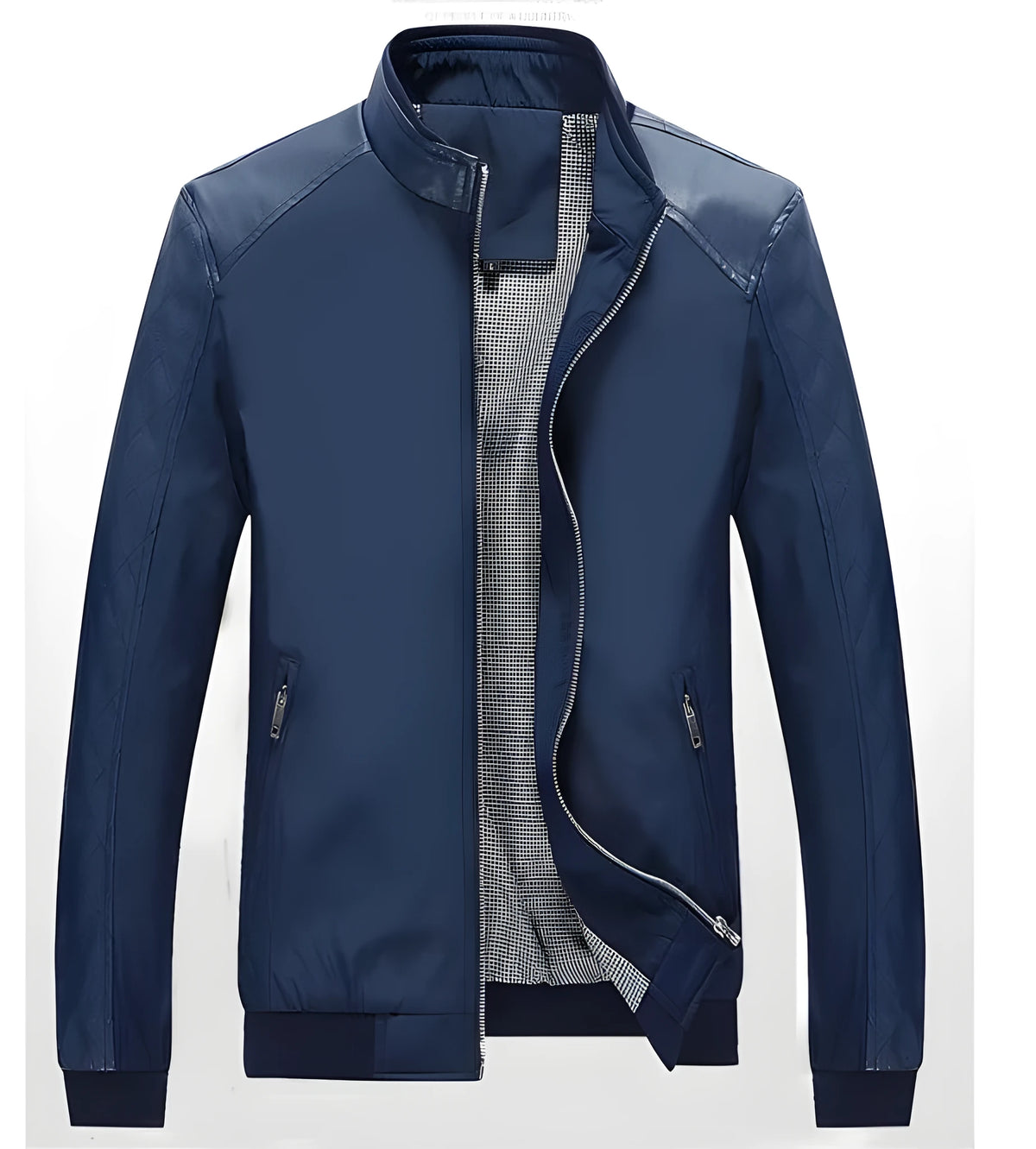 PU patchwork jacket in black, blue and wine red colour block design, sizes L to 5XL.