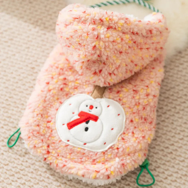 Snowman embroidered sherpa pet hoodie in pink with colourful dots for small dogs