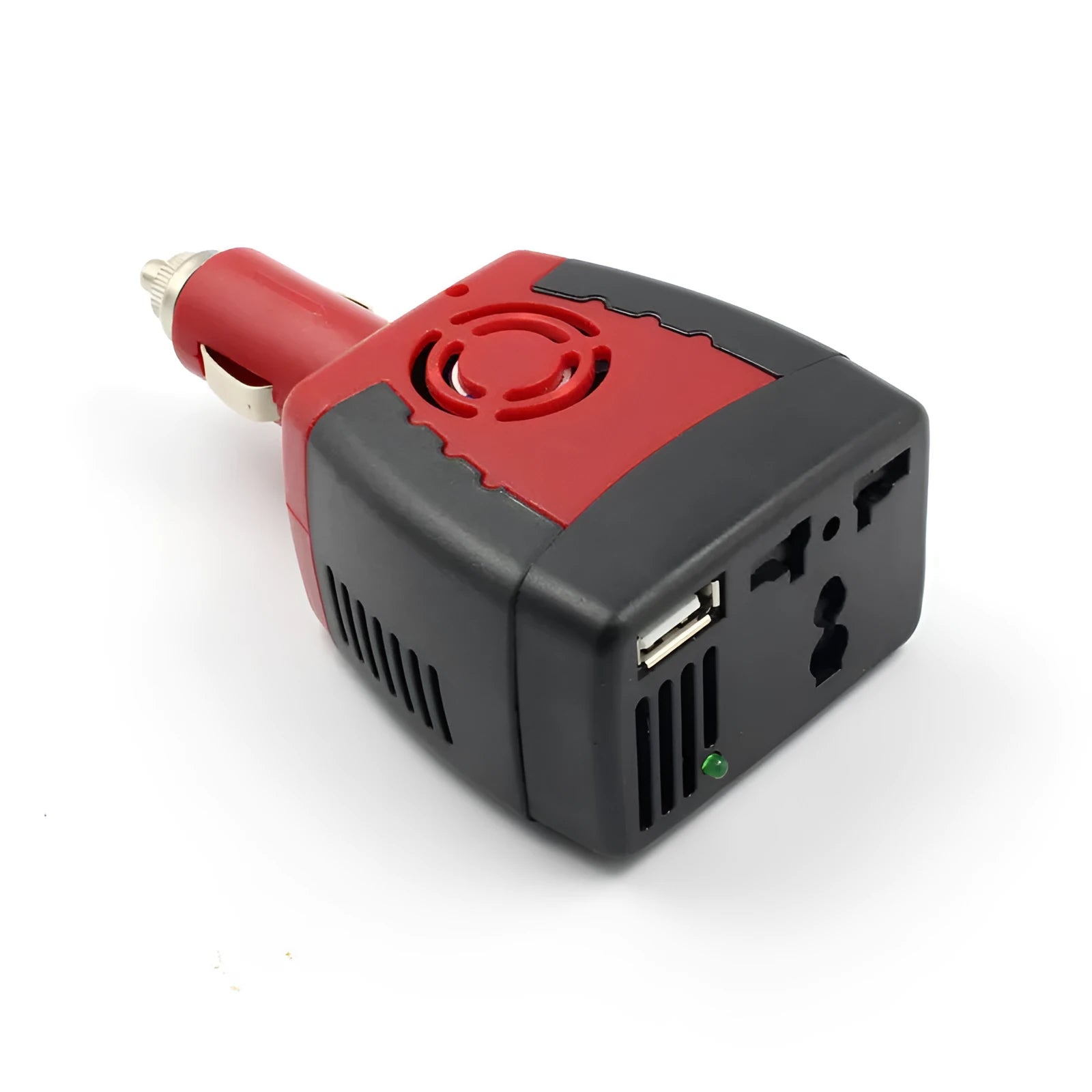 Black and red 150W car power inverter converting 12V DC to 110V AC with USB port.