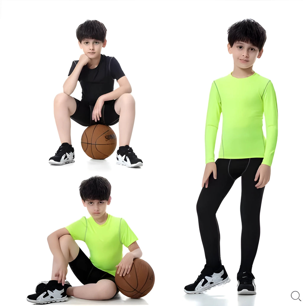 Kids black and green sportswear set with t-shirts, shorts, and trousers showing size chart