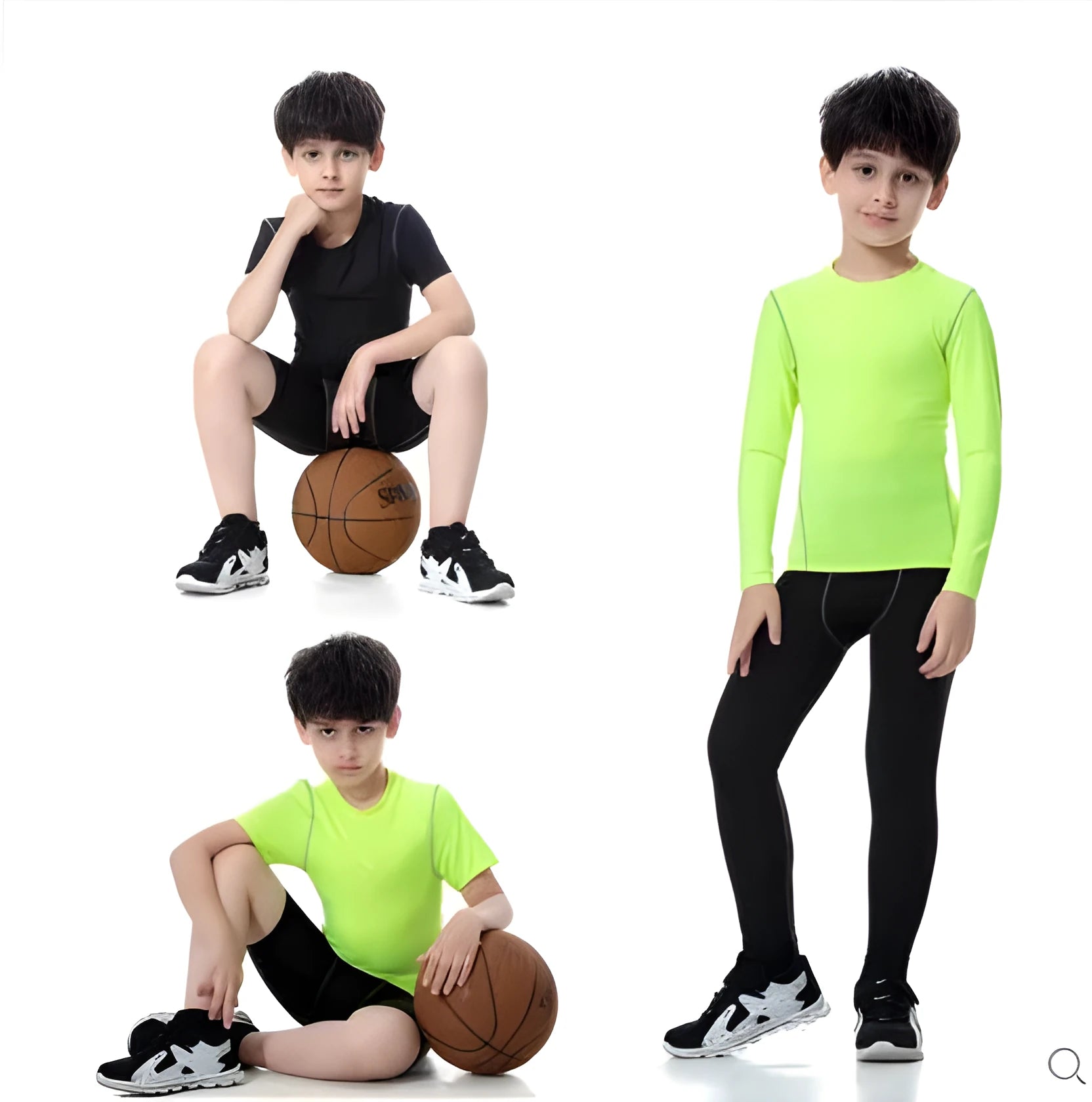 Kids black and green sportswear set with t-shirts, shorts, and trousers showing size chart
