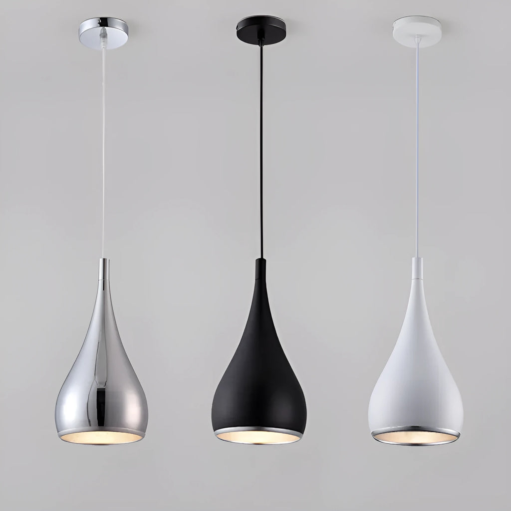 Minimalist iron pendant chandelier with single head or three-head disc and long plate options in black, white, or chrome finish.