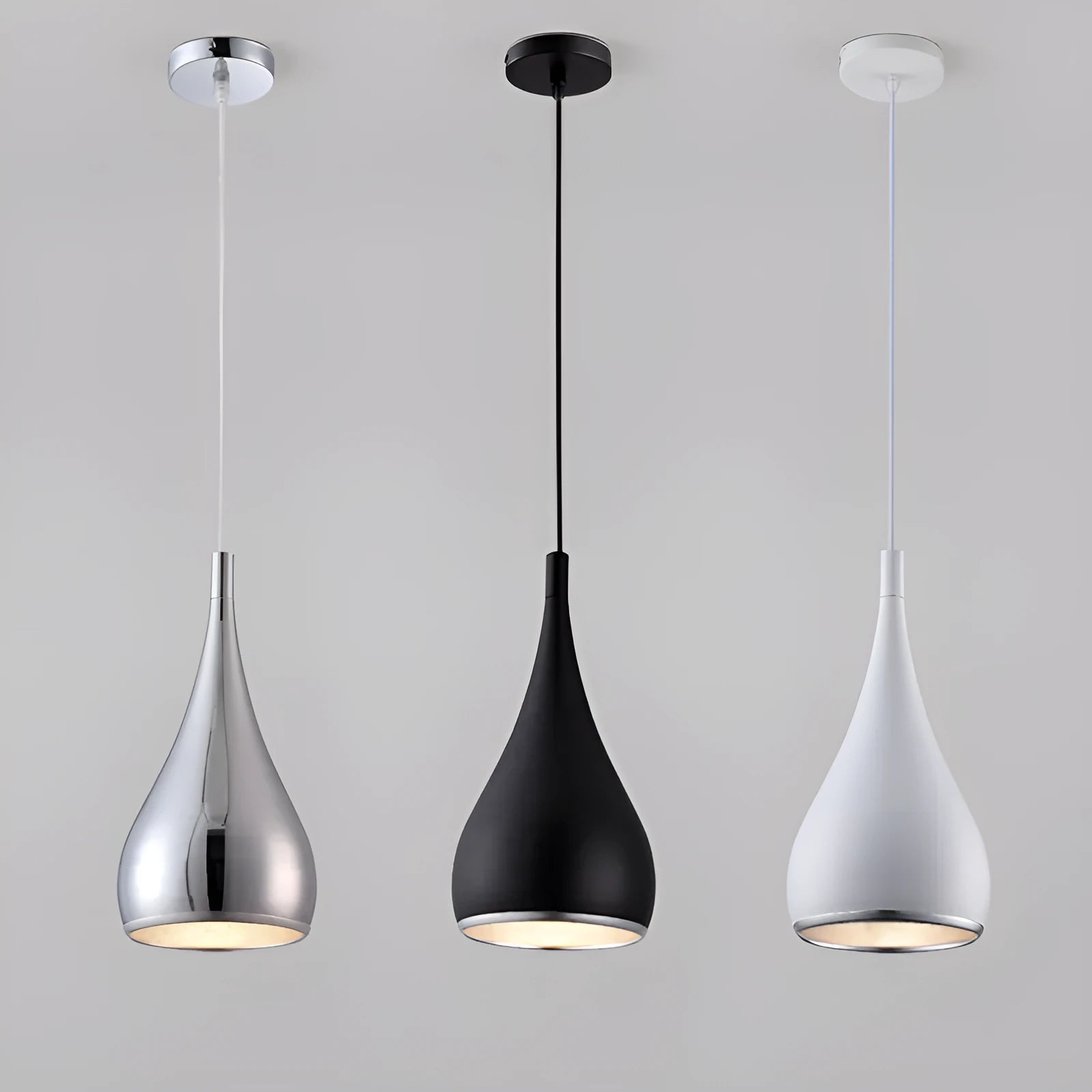 Minimalist iron pendant chandelier with single head or three-head disc and long plate options in black, white, or chrome finish.