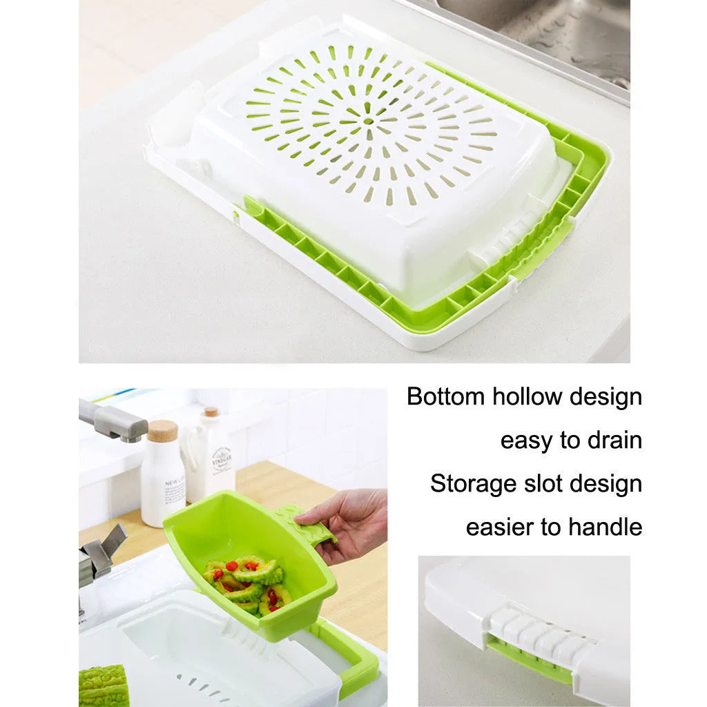 Green multi-function kitchen cutting board with drainage holes mounted on a sink edge