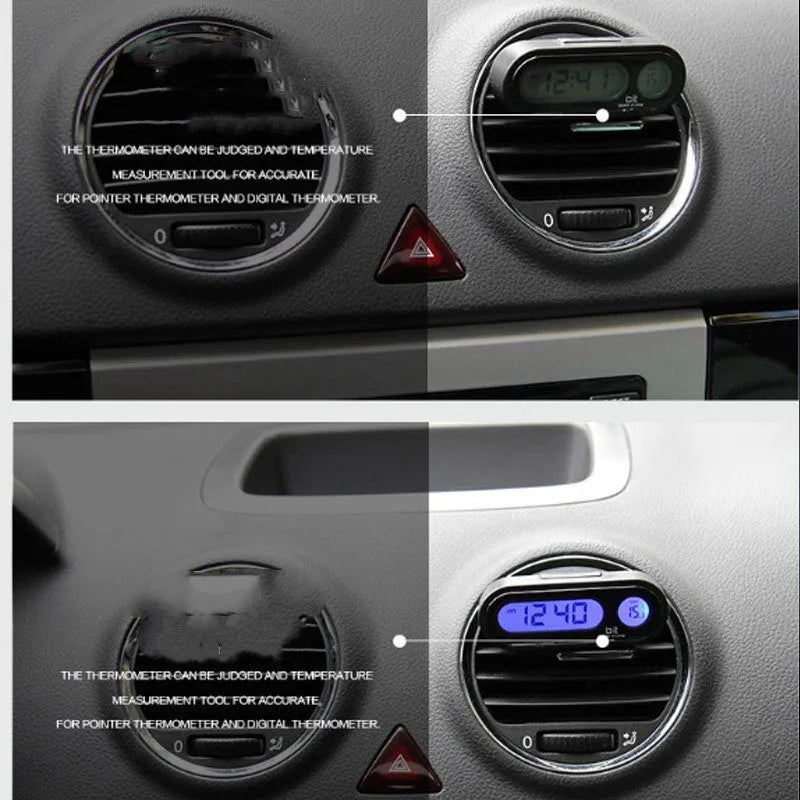 Black electronic car clock and thermometer on an adjustable bracket with luminous LED display.