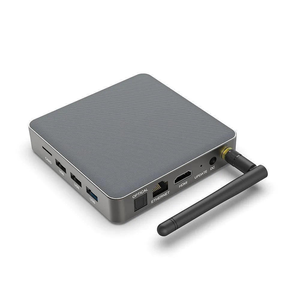 Android TV box with 8K resolution output, RK3566 processor, and compact 105x105x20mm design