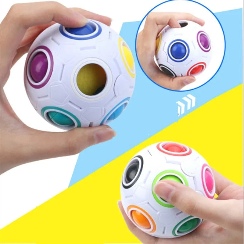 7cm diameter rainbow coloured ball puzzle with visible holes and internal movable balls