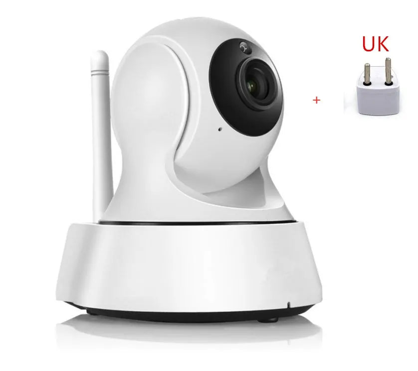 White 720P wireless network camera with pan/tilt, night vision, and built-in speaker for indoor security