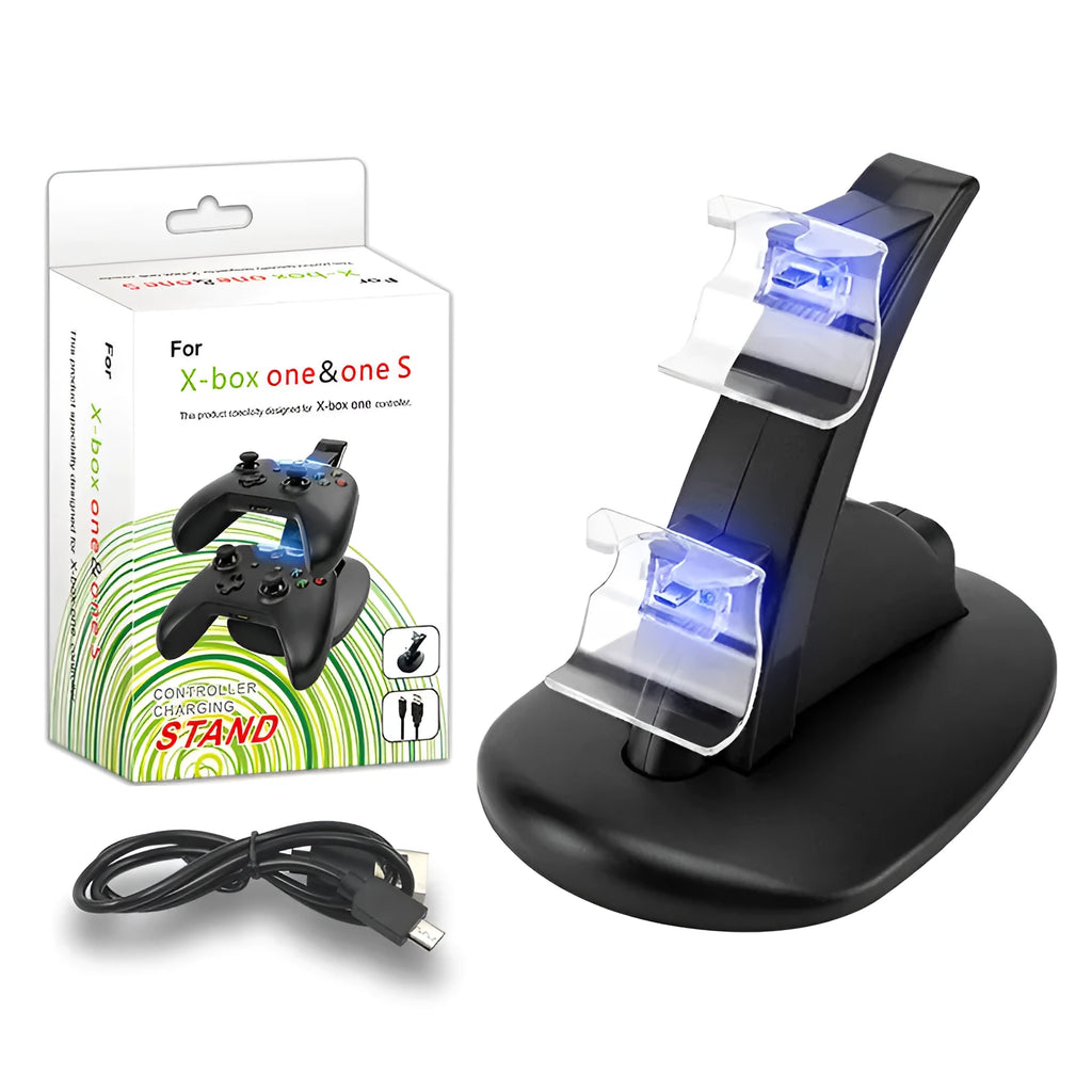 Black Xbox One dual controller charging stand holding two gamepads