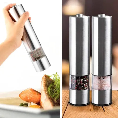 Stainless steel electric pepper grinder on a kitchen countertop