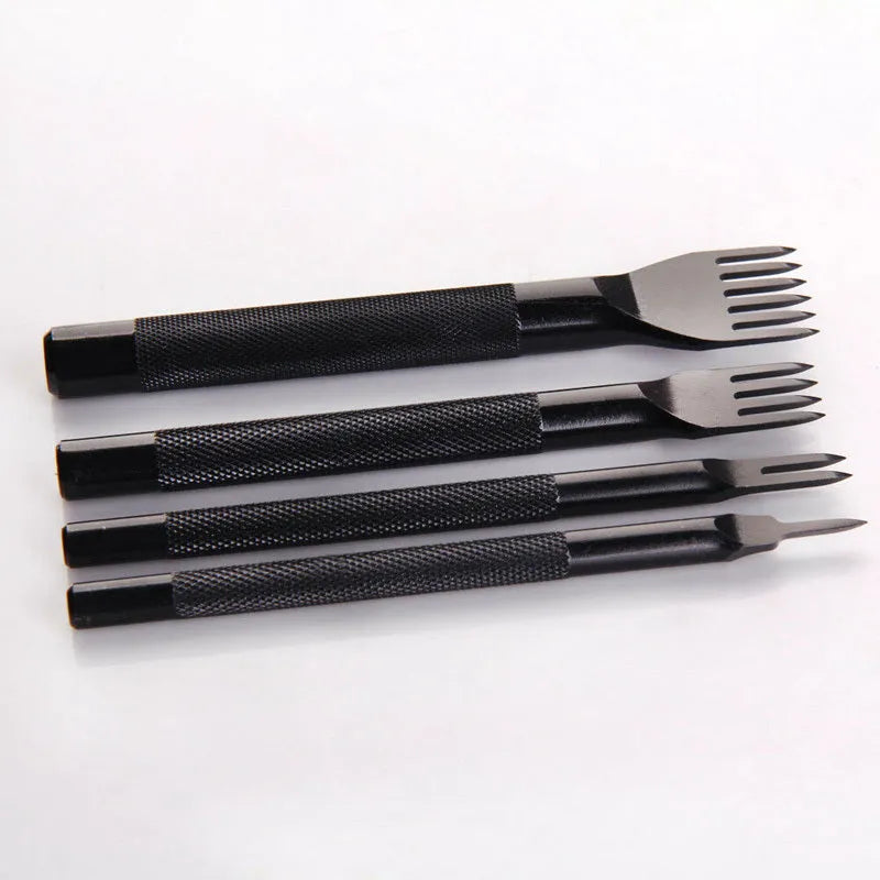 Black leather punch tool with diamond teeth, 3mm pitch, on a workbench