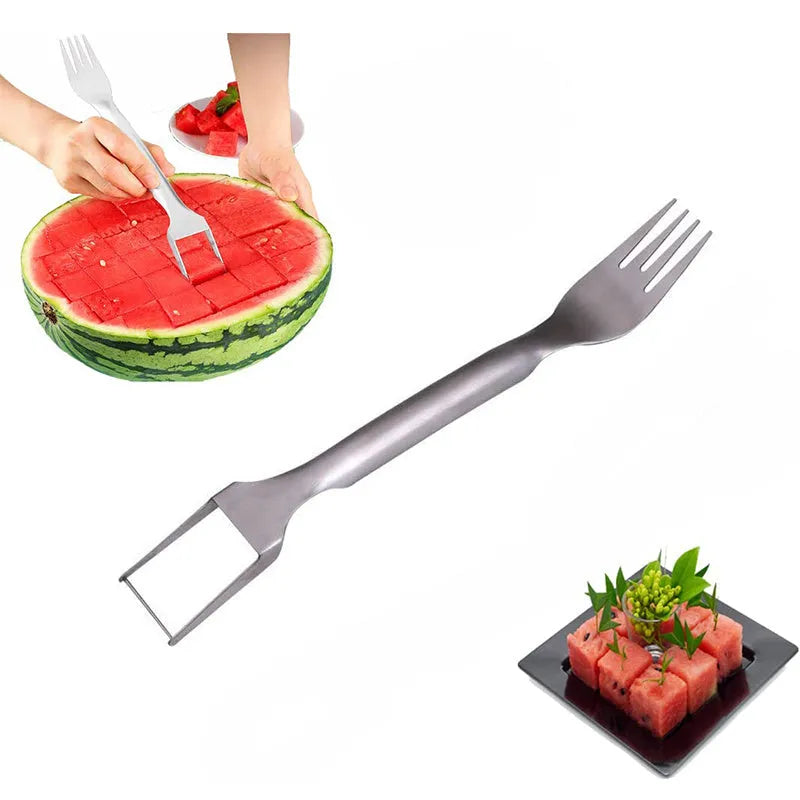 Silver stainless steel watermelon slicer and serving fork with a long handle on a kitchen surface