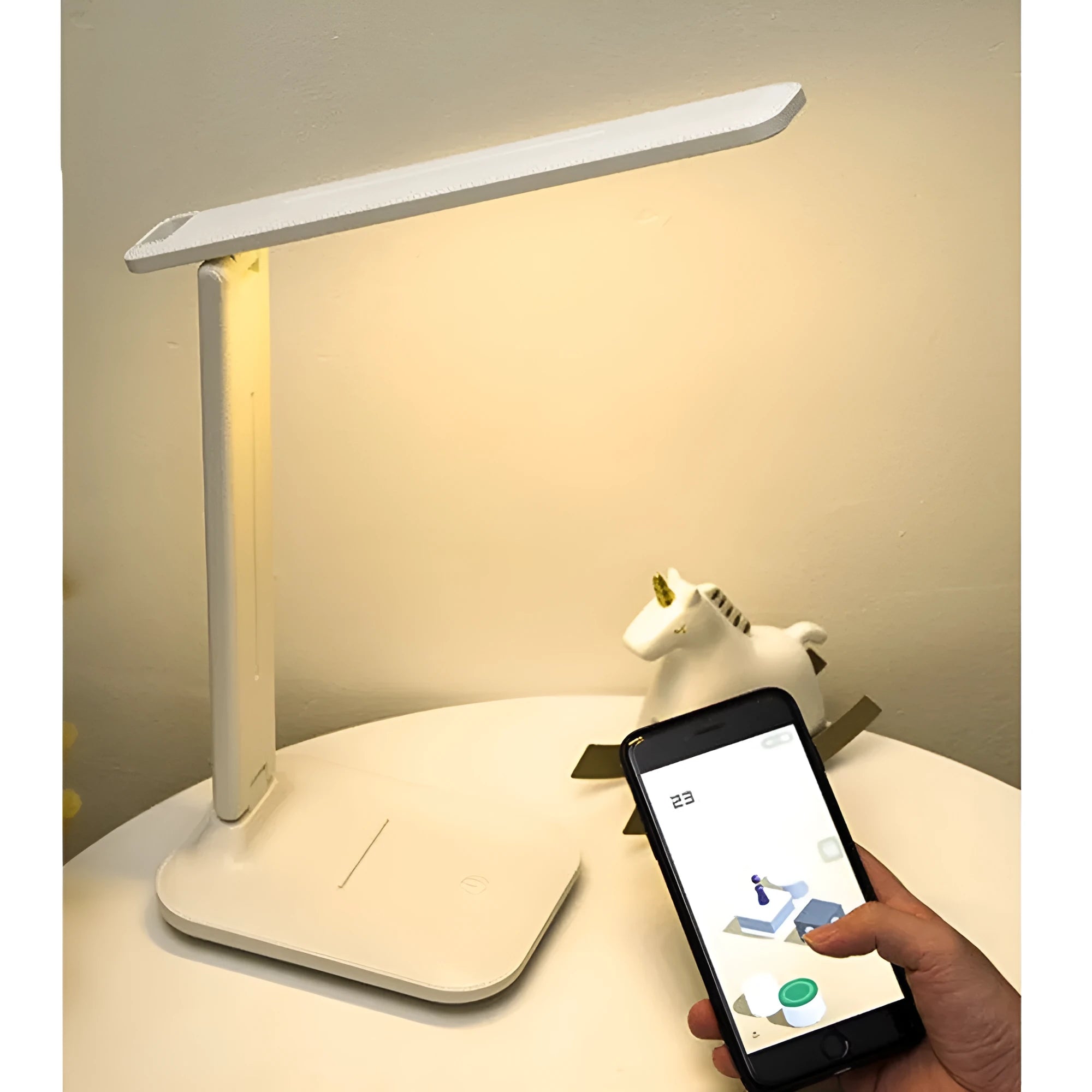 White touch dimming colour-changing bedside lamp with USB charging cable.