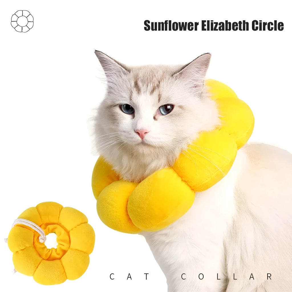 Sunflower patterned cotton recovery collar for a cat or small dog, showing adjustable band.