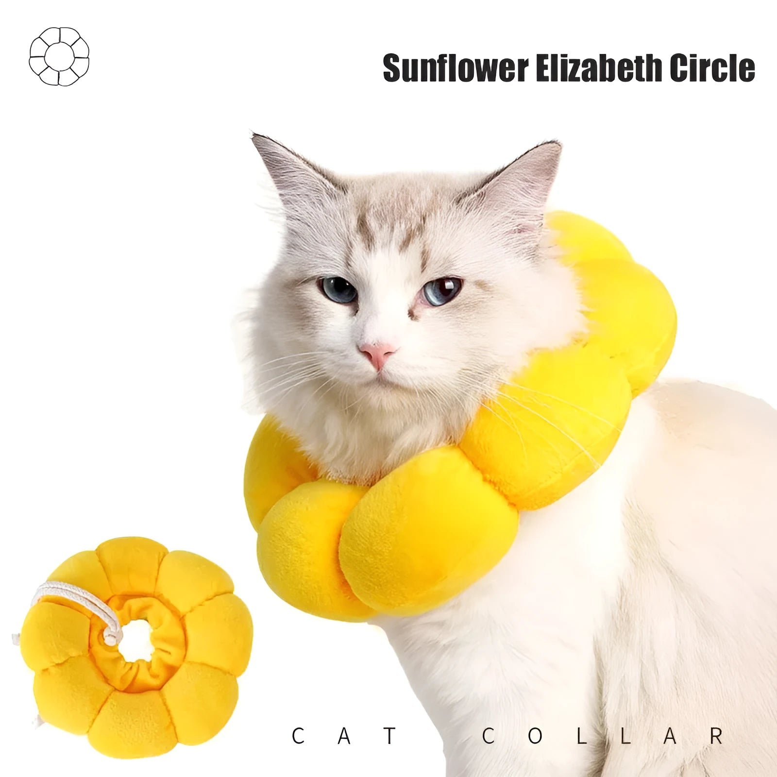 Sunflower patterned cotton recovery collar for a cat or small dog, showing adjustable band.