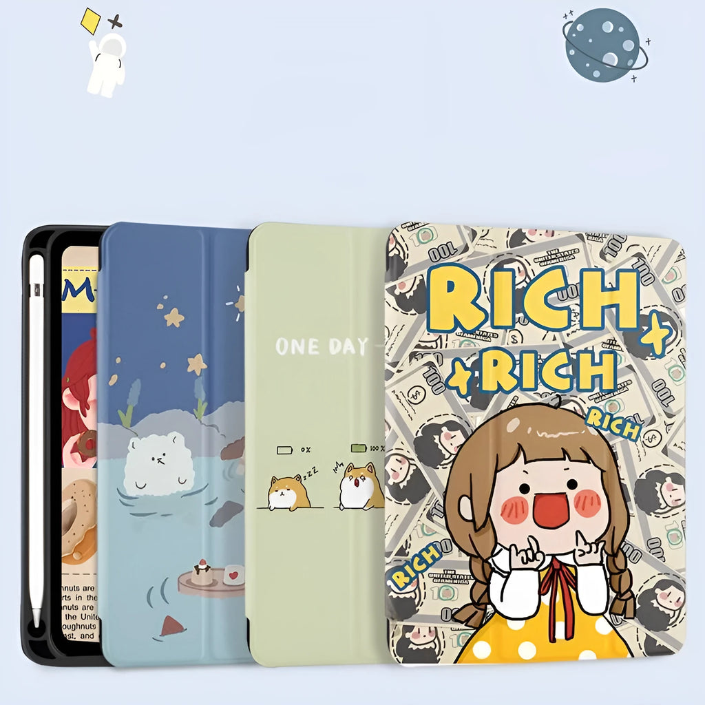 Three-fold silicone iPad case with cartoon design on imitation leather, shown in a stand position.